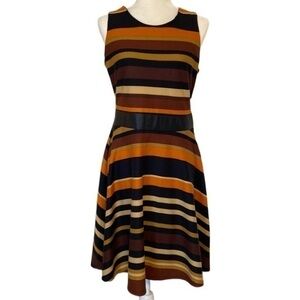 Relativity Neutral Brown Striped Sleeveless Back Zip Stretch Midi Dress Medium